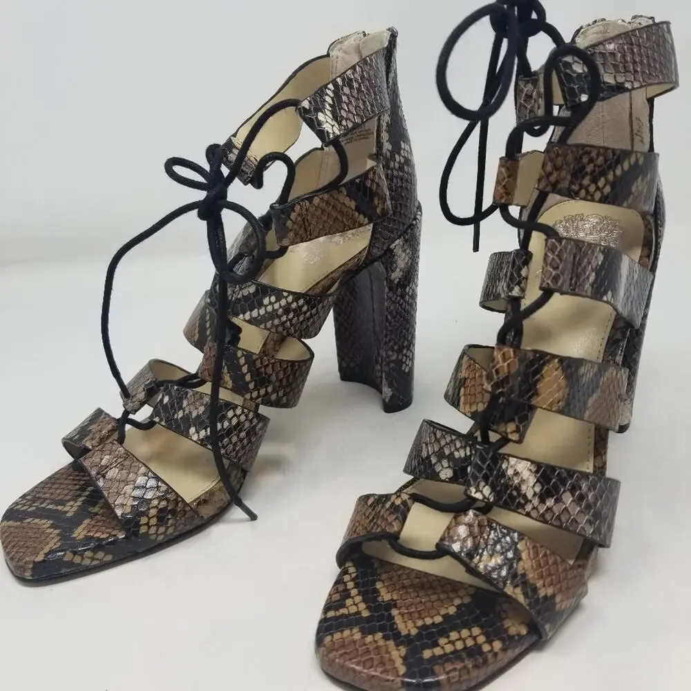 Vince Camuto NEW Block Heel Snake Sandals Black and Brown Zipper Back Size 9 1/2